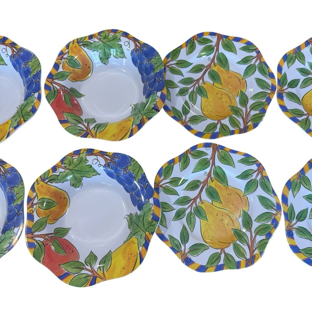 8 Trudeau Melamine Bowls & Plates With Fruit Dee Perry Design Scallop Rimmed EUC